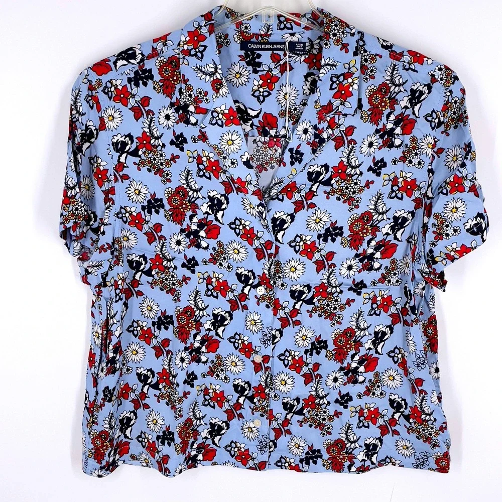 Calvin‎ Klein Jeans Womens Floral Blue Red Shirt Button Down Short Sleeve XL